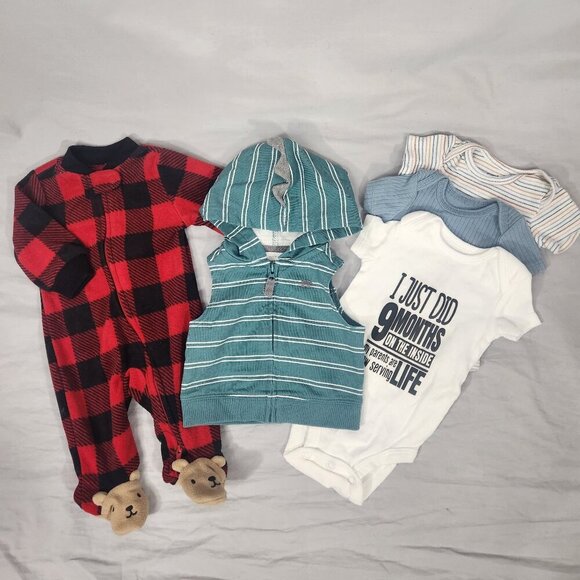 Lot of Carter's Newborn Baby Boy Body Suits Flannel Footed Sleeper Hooded Vest - Picture 1 of 9